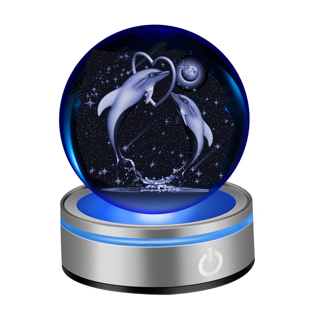 IFOLAINA Dolphin Gifts 3D Crystal Ball Snow Globe Glass Figurine Lamps Laser Engraved Porpoise Model Gift for Her Mom Kids Girls Lovers