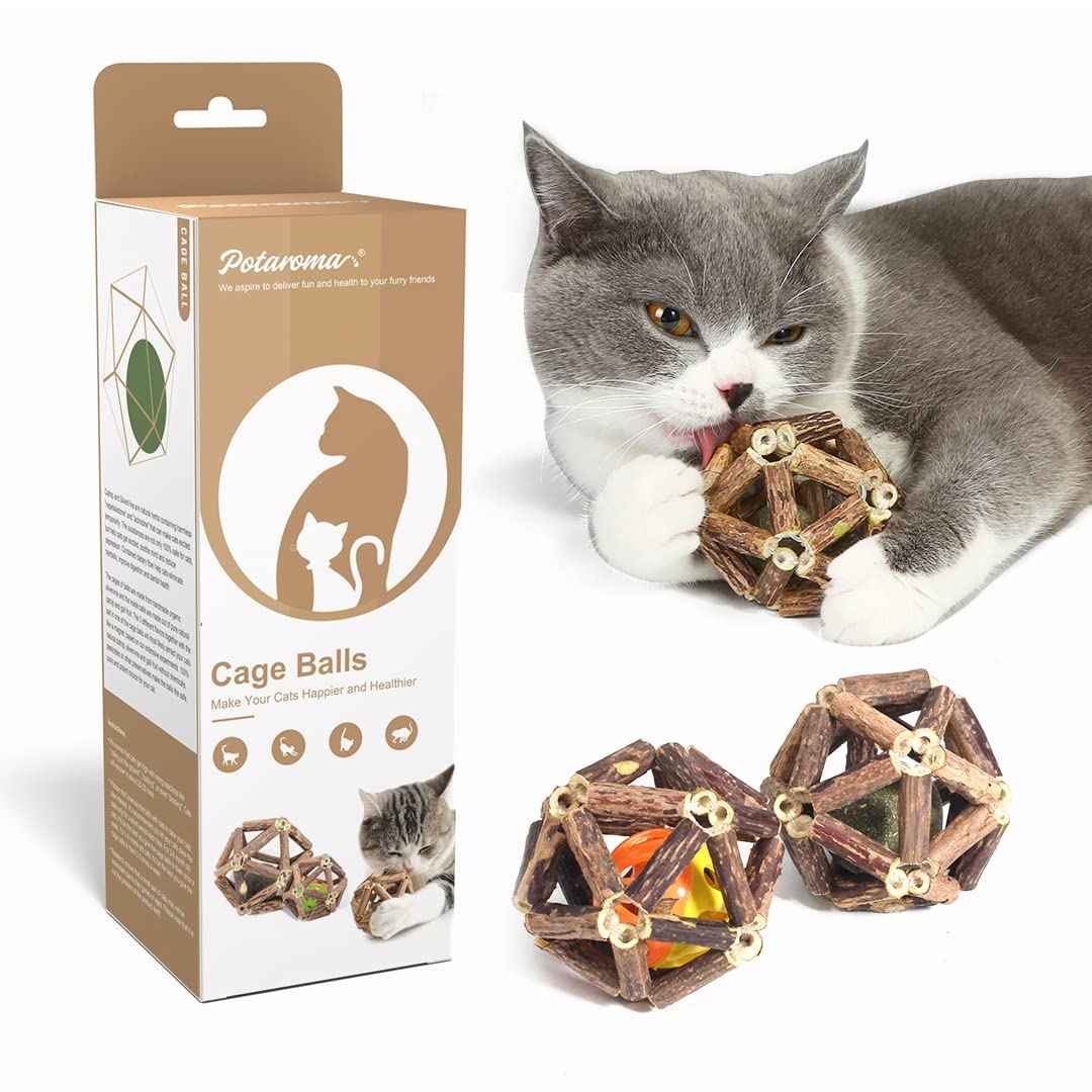 PotaromaCatnip Toys, 3Pcs Cat Toys Natural Silvervine Stick Cage Balls & Bell Ball for Indoor Cats, Kitten Cleaning Teeth Molar Matatabi Cat Chew Toy All Breeds