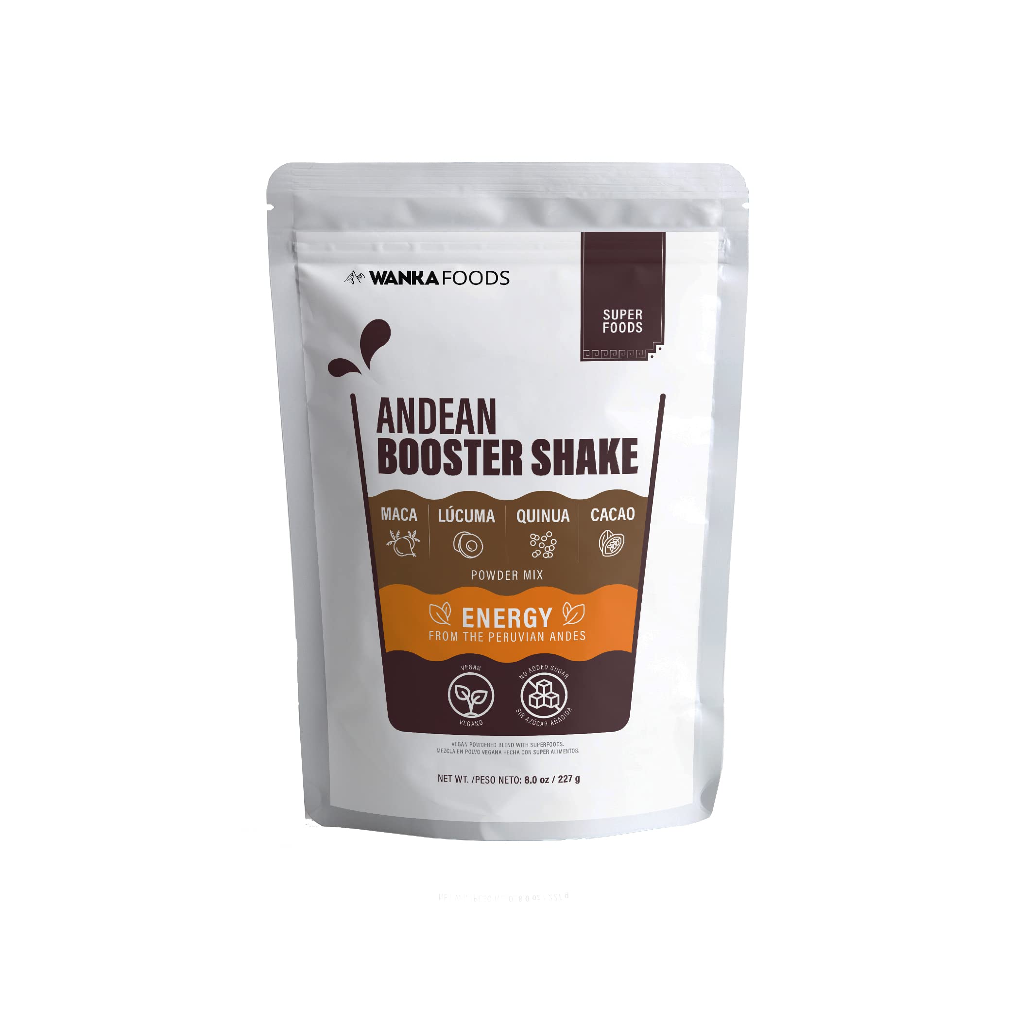 Andean Shake, 8 oz Organic Superfood Energy Blend Powder, with Peruvian Maca, Cacao, Lucuma & Quinoa, Plant-Based Natural Energy, Gluten-free, Non-GMO, No Sugar Added, No Additives, Vegan