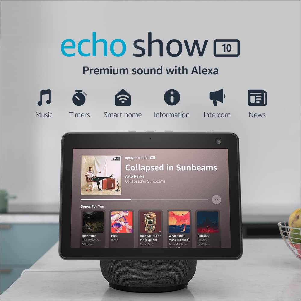 AmazonEcho Show 10 (newest model), HD smart display with premium sound, motion and Alexa, Charcoal