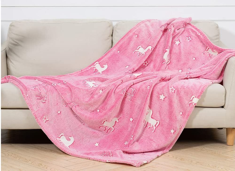 W2S Glow in The Dark Blanket for Kids, Light Weight Soft Cozy All Weather Blankets for 1-10 Years Old Toddlers, Baby. Size : 120CM X 180CM.(Blanket-Pink-Unicorn)