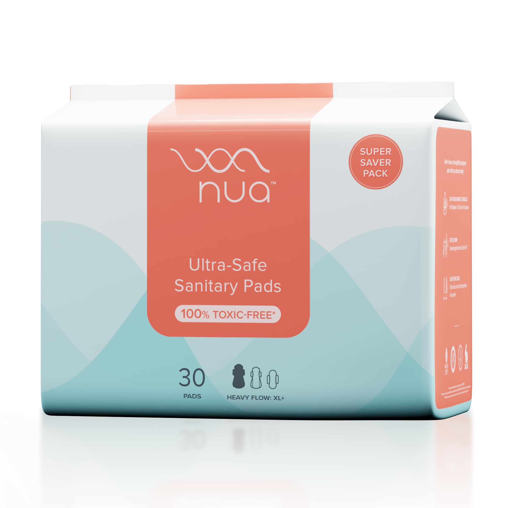 Nua Ultra-Safe Sanitary Pads for Women | SUPER SAVER Pack of 30 | XL+ Heavy Flow Absorbency | Leakproof, Unscented & Toxin-Free | Gentle on Sensitive Skin | Breathable & Rash-Free