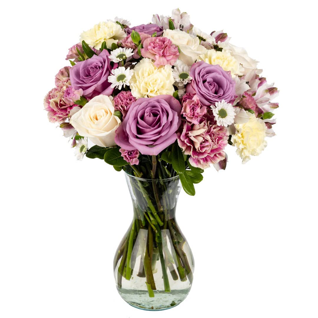 Rejuvenate in Opal Vase | Purple, White Fresh Flowers Aquabloom Arrangement |Arabella Bouquets | Fresh Flowers for Delivery, Birthday,Congratulations