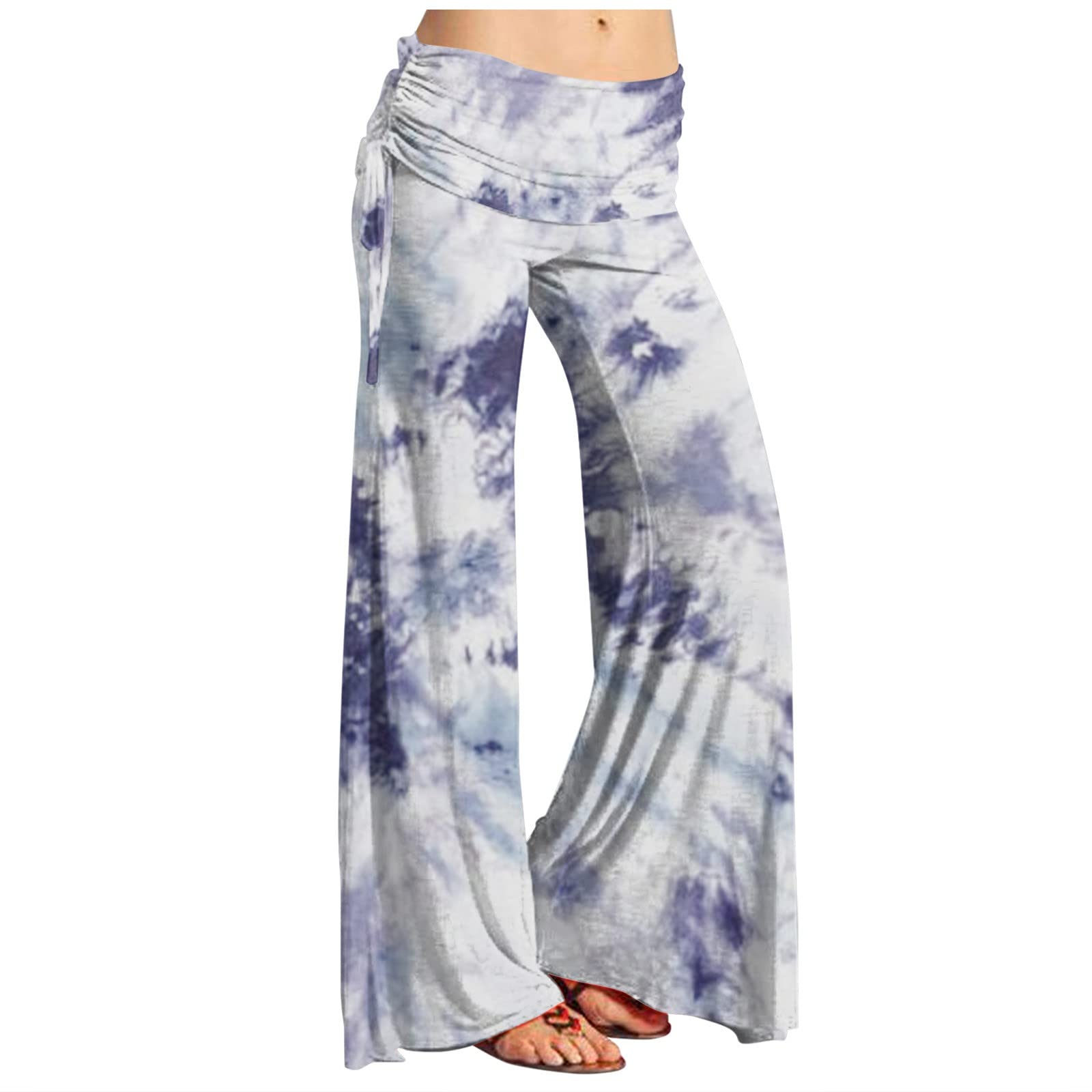 XPSJBBB Wide Leg Pants for Women Bohemian Floral Printed High Waisted Trousers Wide Leg Beach Lightweight Capri Slacks