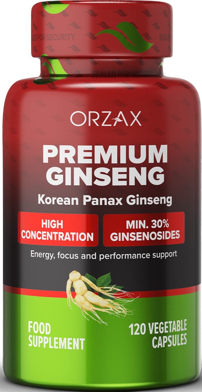 ORZAX Korean Panax Ginseng Capsules with 30% Ginsenosides for Performance & Energy Supplements for Women and Men - Red Ginseng for Enhanced Focus (120 Veg Capsules)