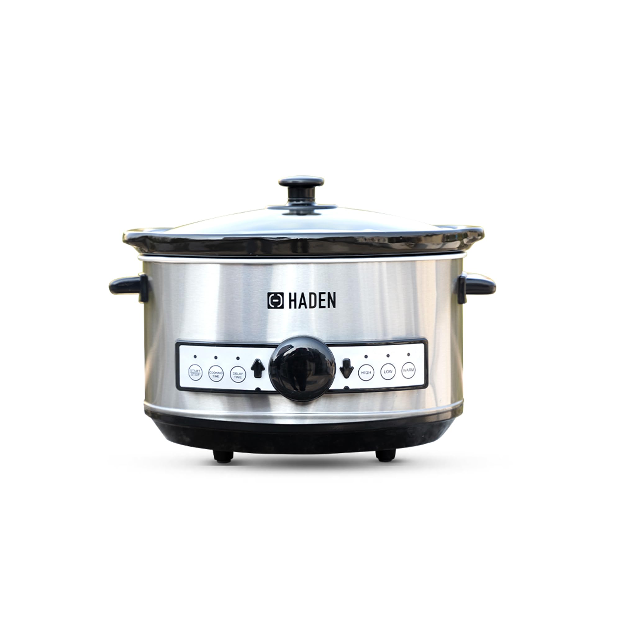 Haden Stainless Steel Slow Cooker with Timer - 3.5 Litres, 3 Heat Settings (Warm, Low, High) - Power Light Indicator - Oven-Safe Ceramic Pot - Dishwasher Safe - Glass Lid for Easy Viewing