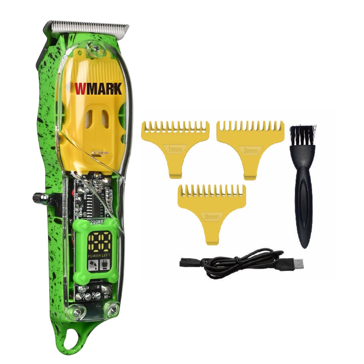 WMARKProfessional Hair Trimmers for Barbers Stainless Steel T-Blade Trimmers for Men Cordless Hair Trimmers Hair Cutting Kit 6500rpm High Speed Transparent Light Green Gift for Men NG-508