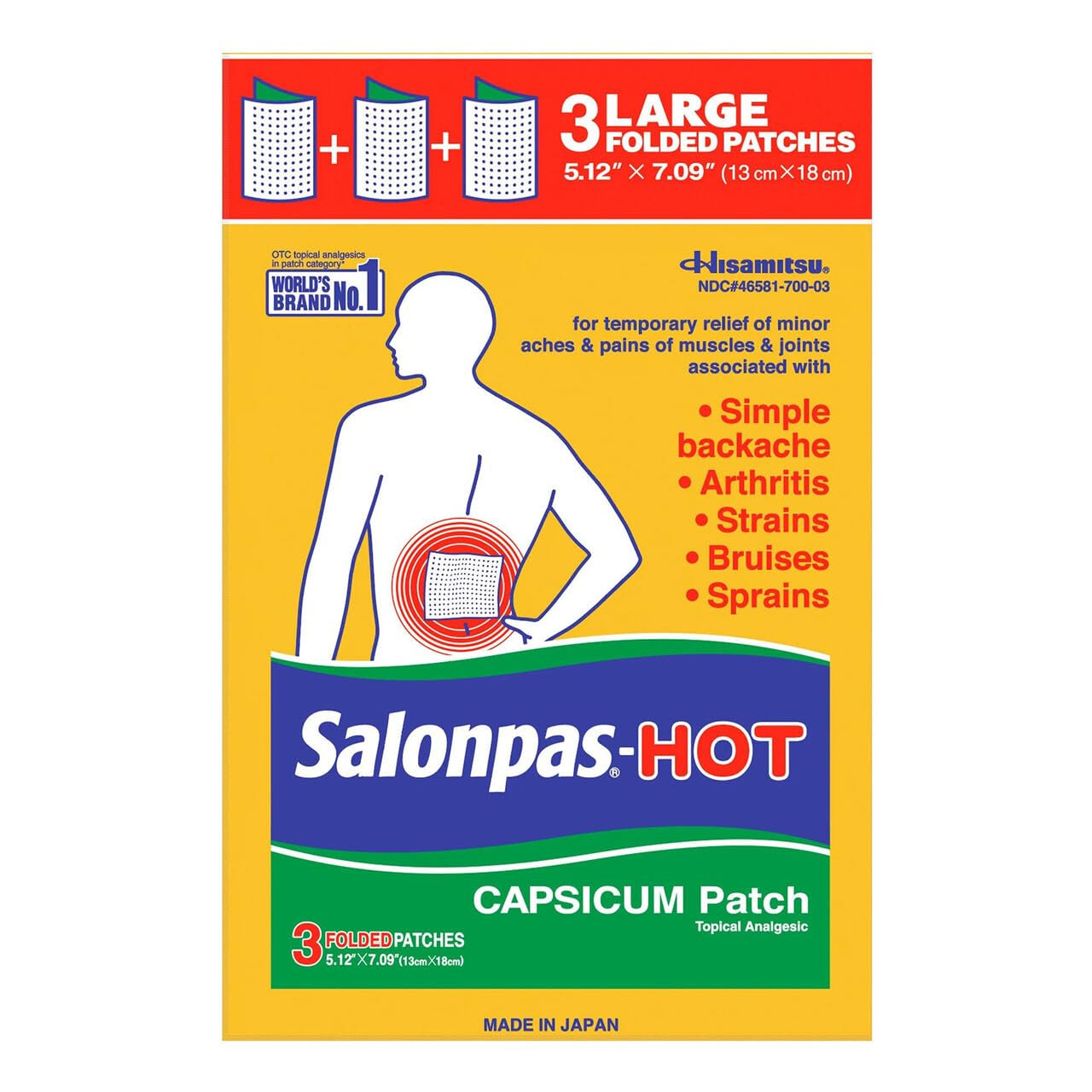 Salonpas Pain Relieving HOT Capsicum Patch, 3 Count (12 Pack), for Back, Neck, Shoulder, Knee Pain and Muscle Soreness, 8 Hour Pain Relief