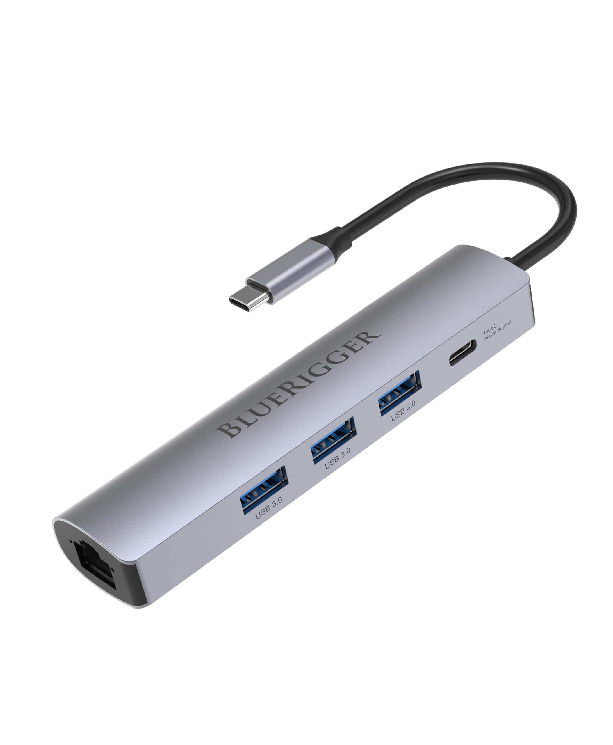 Bluerigger 5 in 1 USB C HUB with 3-USB 3.0 ports with data transfer rates of up to 5Gbps, RJ45 with 1000Mbps, USB-C 5V 3A Power Supply Port.