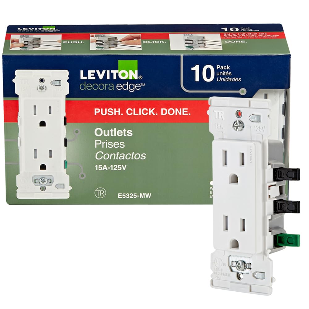 LevitonE5325-MW Decora Edge 15 Amp Tamper-Resistant Duplex Wall Outlet, 10 Count (Pack of 1) - White