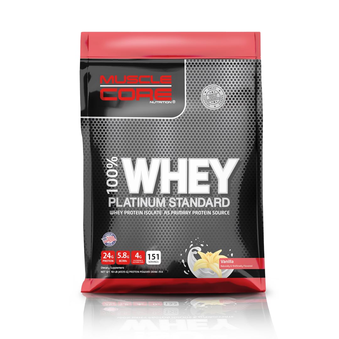 Muscle Core Platinum Standard I 100% Whey Protein Powder I 24 Grams Protein, 5.8 Grams BCAA, 4 Grams Glutamine & Glutamic Acid I Low Carb and Sugar I Vanilla Flavour I 10LB (151 Servings)