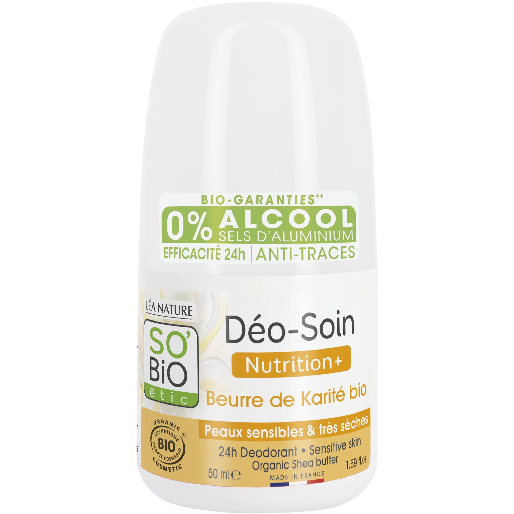 Sobio Organic Deodorant Roll On, Organic Shea Butter For Unisex, 50 ml | Long Lasting Freshness | Aluminum free | Alcohol Free | Paraben Free | Dermatologically Tested