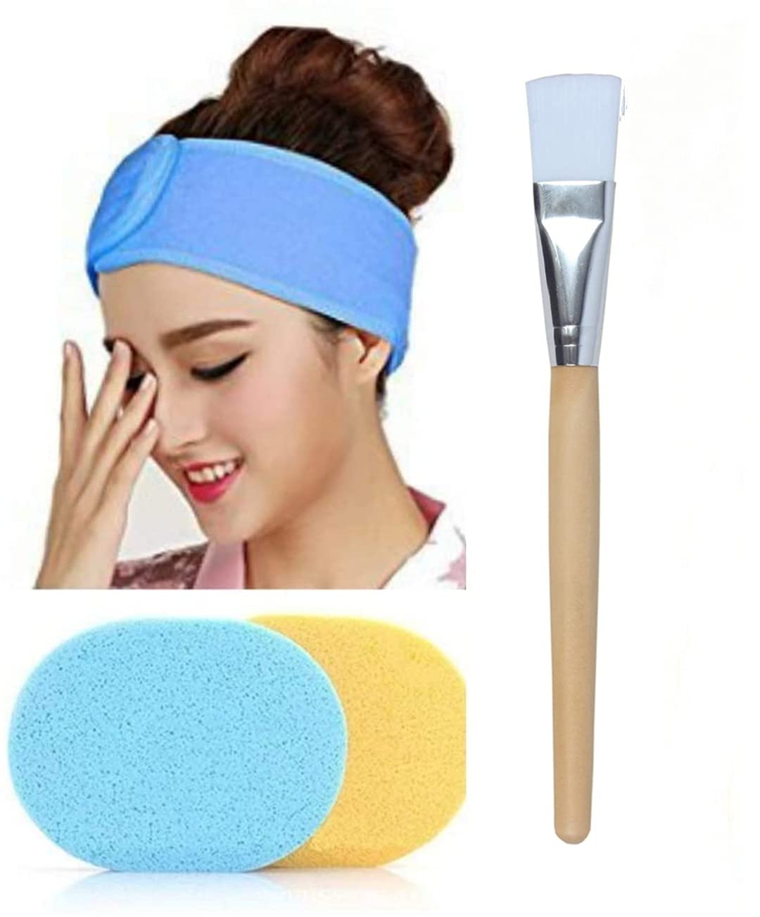 QKYPZO Women's Polycotton Stretchable Elasticized Adjustable Facial Headbands and Face Pack Brush and Face Cleaning Sponges (Colour May Vary)