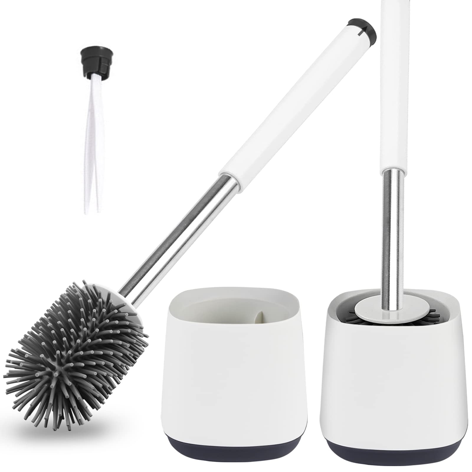 Hulameda [304 Stainless Steel] Toilet Brush and Holder Set 2 Pack, Silicone Toilet Brushes with Long Shank Stainless Steel Handle,Tweezers included. 4.8 x 5.2inch, Gray & White (Flooring)