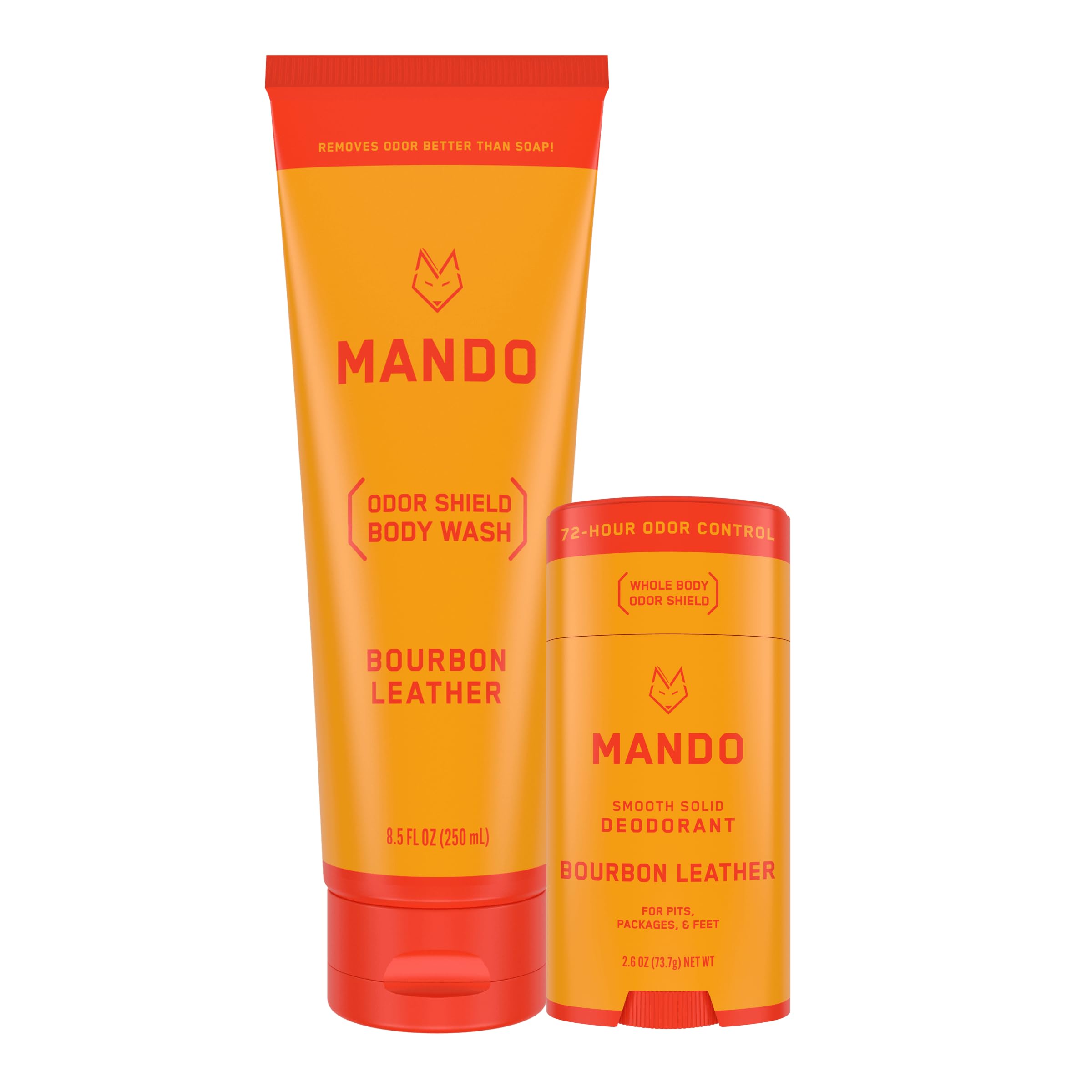 Mando Smooth Solid Stick (2.6 Ounce) + Acidified Body Wash (8.5 Ounce) - Clinically Proven to Block Odor All Day - Whole Body Safe For Pits, Packages + Feet (Bourbon Leather)