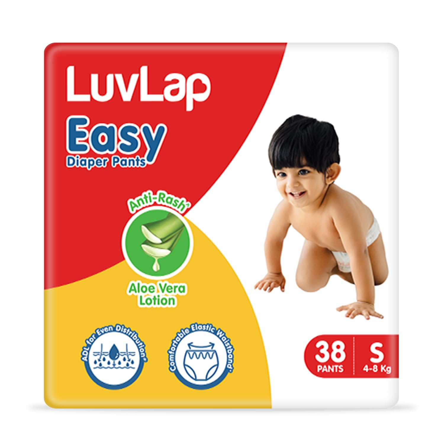 Luv Lap Easy Diaper Pants, Small, Pack of 38, for babies upto 4-8Kg, Pant style diaper with Anti-Rash Aloe Vera Lotion, ADL for Even Distribution, & 360° fit for better coverage & flexibility