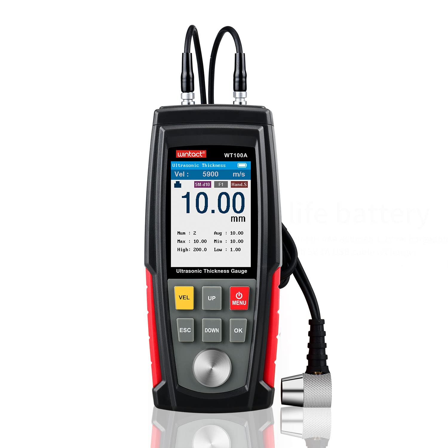 Wintact Digital Ultrasonic Thickness Gauge Tester Meter, Range 0.039 to 8.85 in With Probe for Measuring Metal and Nonmetal Materials, Steel, Silver, Plastic, Glass, PVC, Pipes