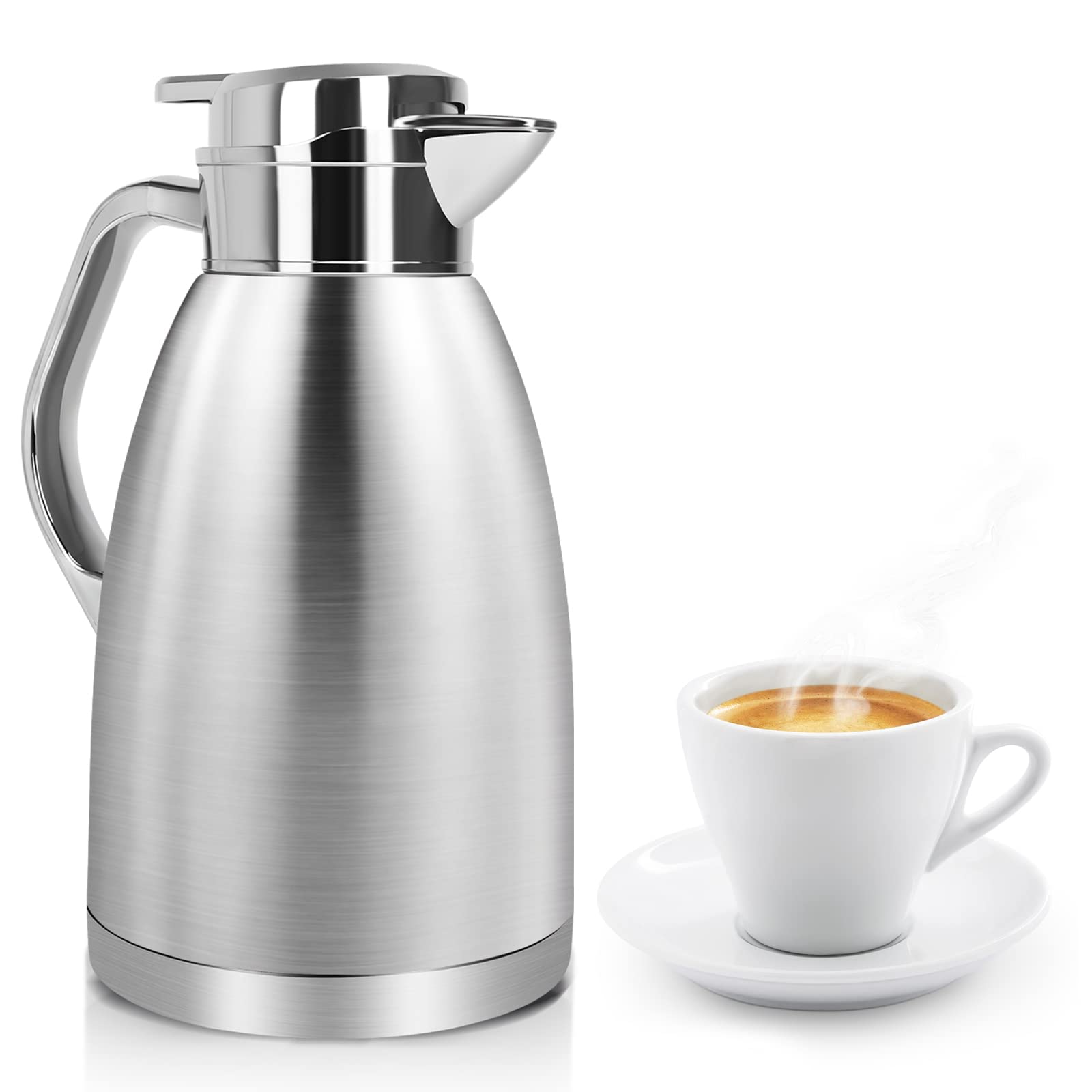 Yummy Sam 61 Oz Thermal Coffee Carafe Insulated Stainless Steel Double Wall Vacuum Thermos Thermal Flask Coffee Dispenser Coffee Carafes Keeping Coffee Water Tea Hot 12 Hours Cold 24 Hours (Silver)