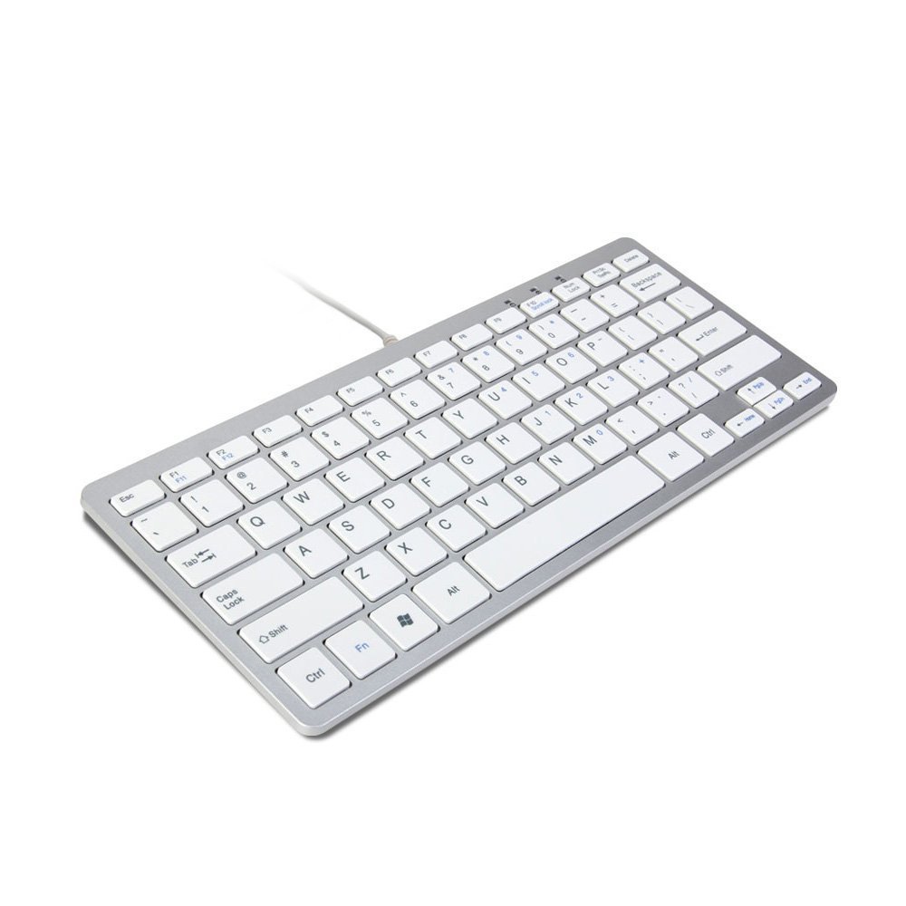 TRIXES Keyboard Mini Wired USB Key Board Slim Silver & White - Plug and Play - Compact and Durable - Suitable for PC, Computer, Apple Mac, Laptop, Windows etc