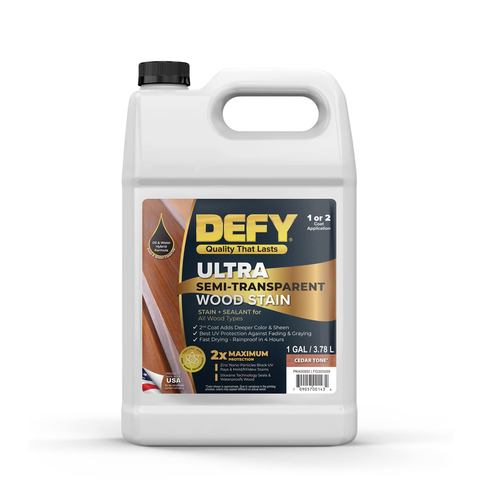 DEFY Ultra Semi-Transparent Outdoor Wood Stain and Sealer in One – Cedar Tone, 1 Gallon, Deck Stain and Sealer | Rich Color and Satin Sheen for All Wood Types