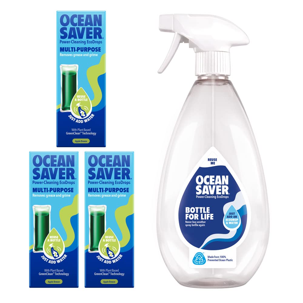 OceanSaverMulti-Purpose Surface Cleaner Starter Kit, Apple Cleaning Product for Cleaning Multiple Surfaces, Just Add Water - 3 x Apple Breeze Scented Eco Drop Refills, 1 x 750ml Bottle for Life