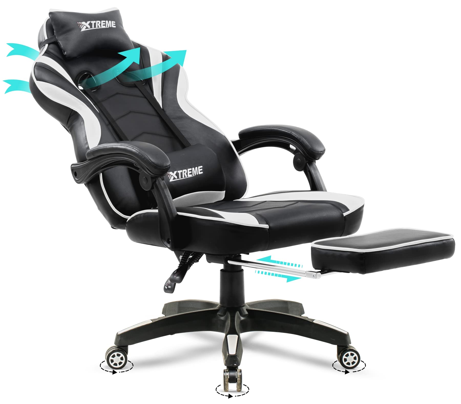 Olsen & Smith XTREME New and Improved 2024 Model Gaming Chair Ergonomic Office Desk PC Computer Recliner Swivel Chair Detachable Padded Head Rest Lumbar Support Cushion & Footrest (Black/White)