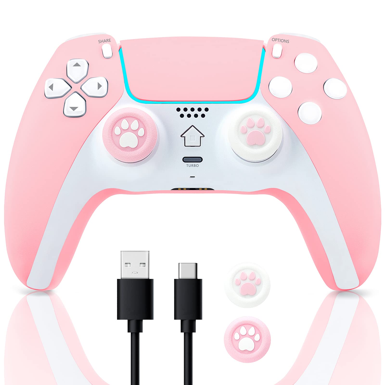 Wireless Controller for PS-4, BRHE Replacement Remote Gamepad Gaming Accessories Joystick Touch Pad/Built-in Speaker with Type-C Cable for Playstation-4/Pro/Slim/PC (Pink)