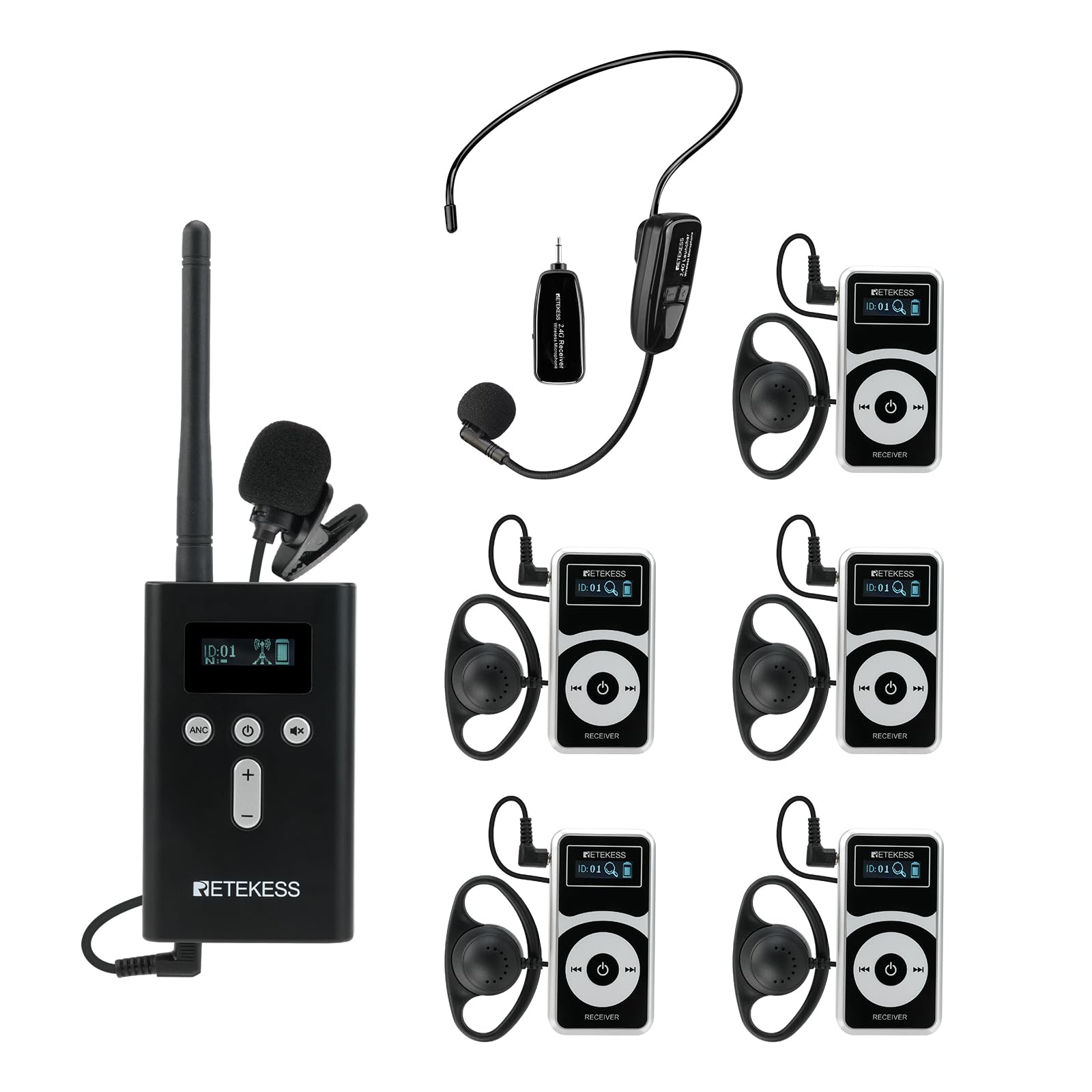 RetekessT130P (T130 3rd) Tour Guide system, Wireless Tour Guide Headset, Upgraded Function Graded Noise Reduction, 160m, for Factory Tours (1 Transmitter 5 Receivers)