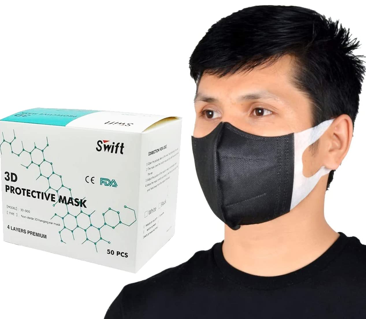 Swift 3D Face Masks - 50 Pcs, Black, Disposable and Breathable Protective Masks