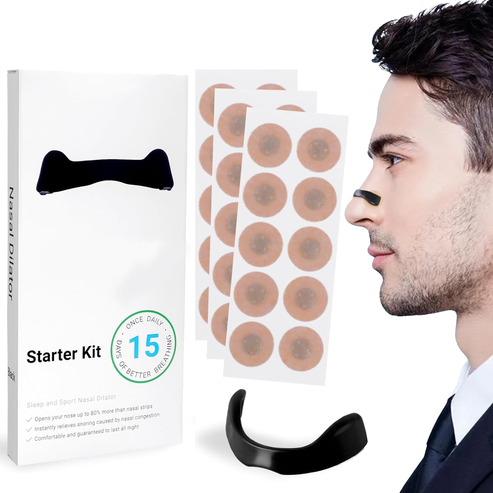 Breathing Nasal Strip Classic Kit 15 Pairs, Boost Oxygen Intake, Reduce Snoring, Improve Sleep Quality - Sweat Resistant, No Medicine or Chemicals, Skin Safe Nasal Strips, Black Round