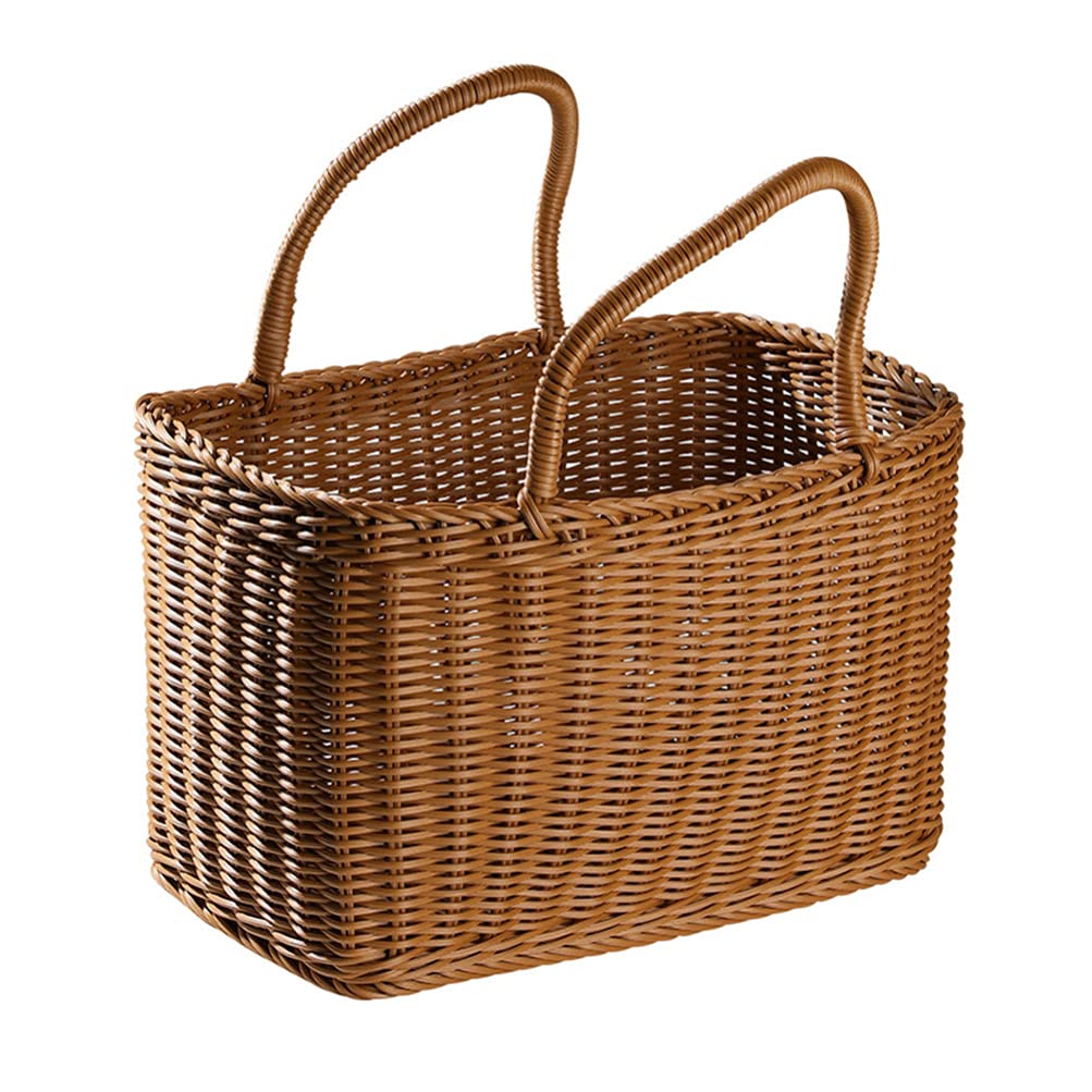 Sewroro Picnic Basket with Handles Handmade Plastic Woven Basket Multifunctional Woven Storage Basket for Shopping, Market, Grocery Basket