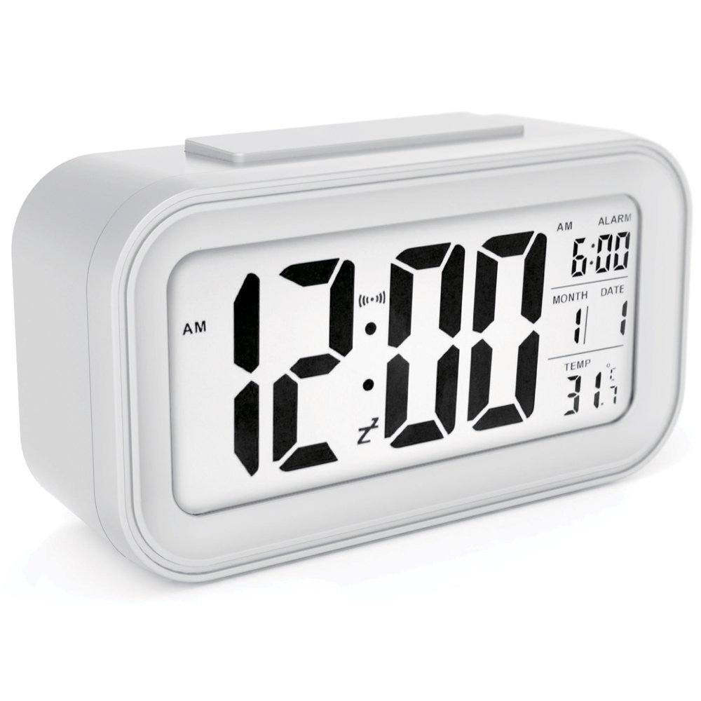 BUYERZONE Digital Smart Alarm Clocks Table Desk Clock for Students Kids Bedroom Home Office Heavy Sleepers with Automatic Sensor Date & Temperature, Backlight LCD Display (White)