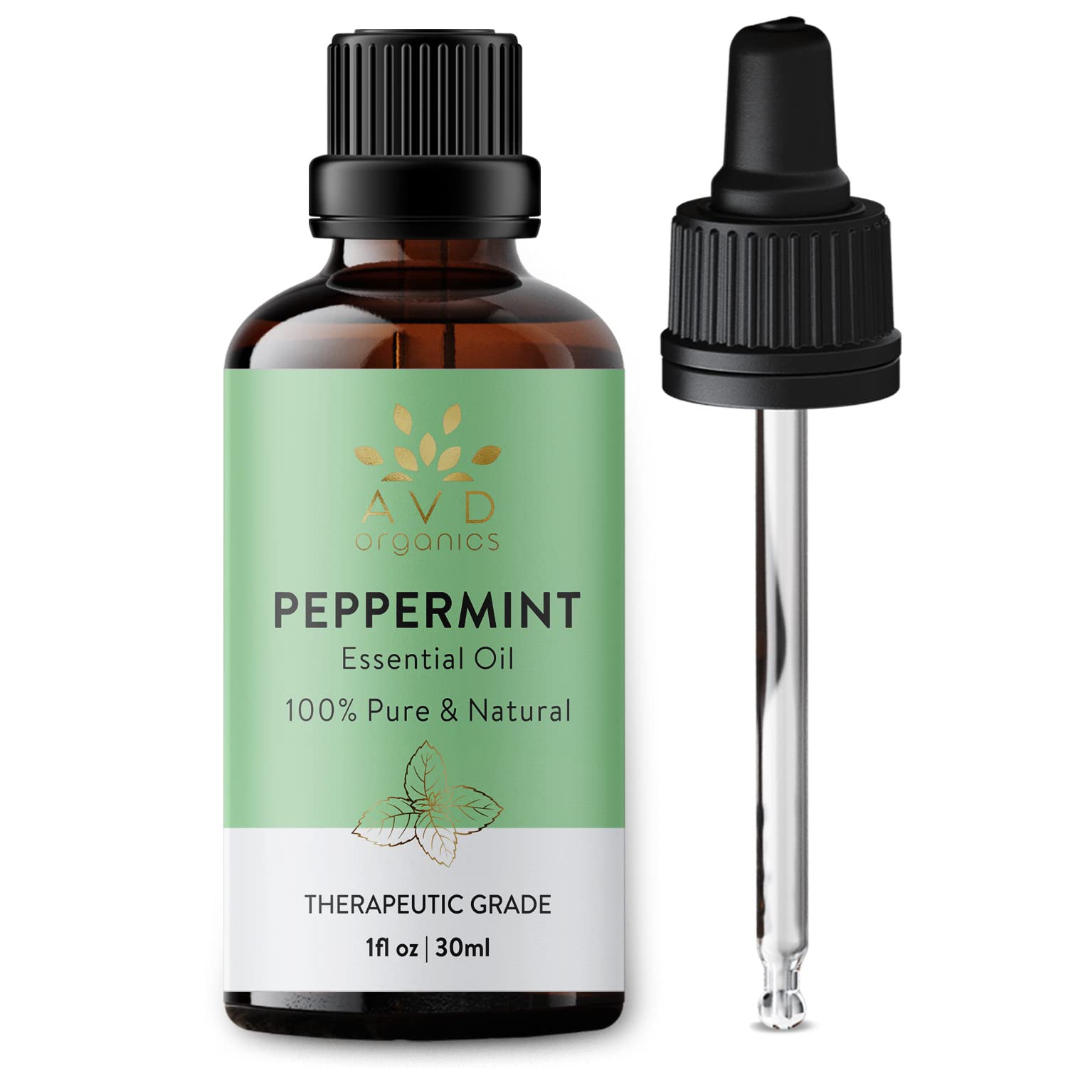 AVD ORGANICS Peppermint Essential Oil 30ml - 100% Pure and Undiluted Mentha Piperita Oil, Therapeutic Grade Aromatherapy Oil for Diffuser, Relaxation, Focus - 1 fl. Oz