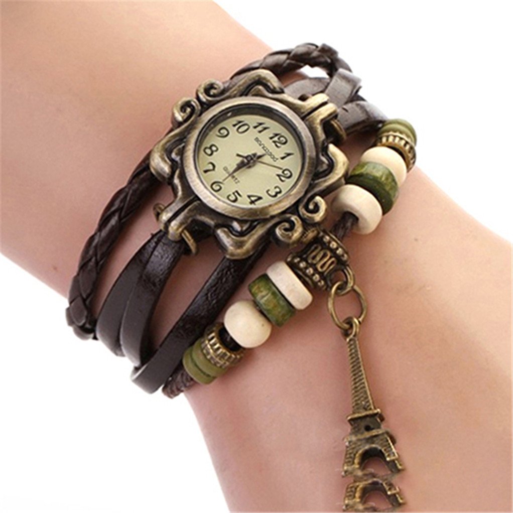 Acamifashion Women Vintage Eiffel Tower Multilayer Braided Faux Leather Bracelet Wrist Watch