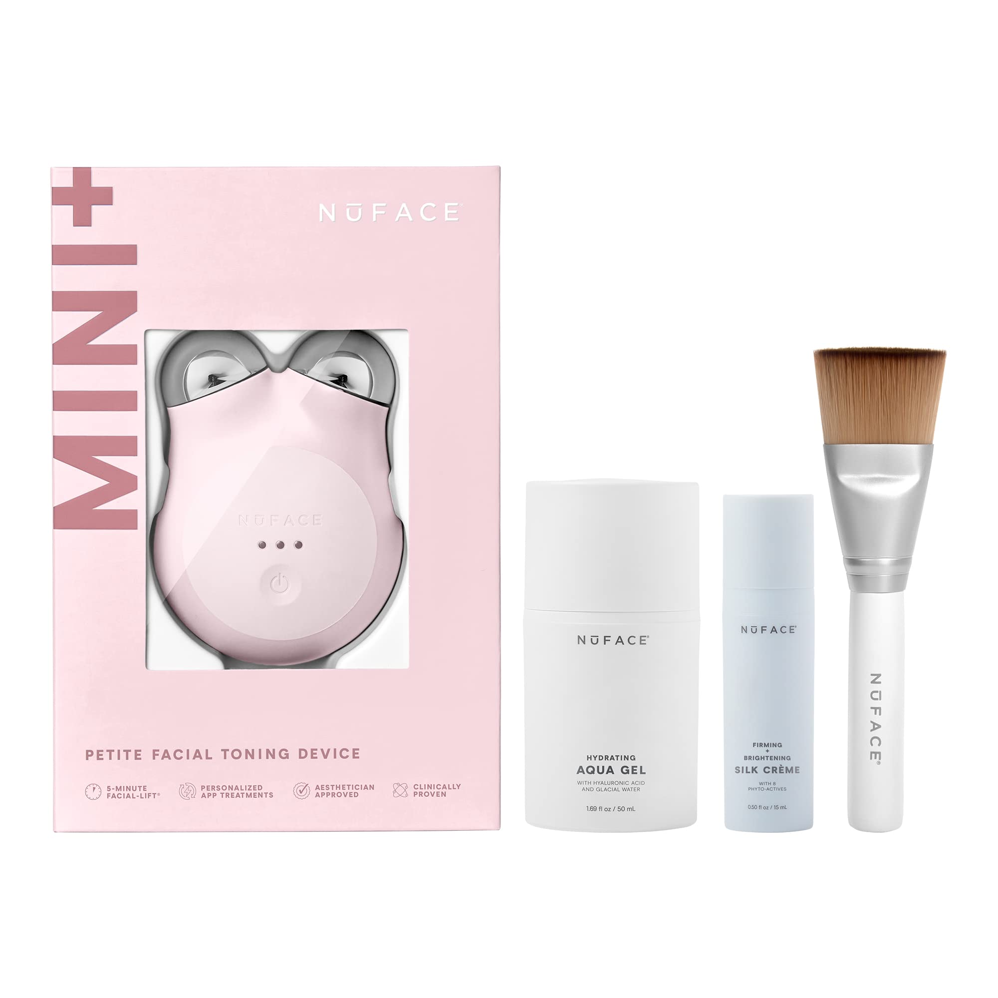 NuFACE MINI+ Microcurrent Facial Device Kit - FDA Cleared Face Sculpting & Skin Tightening Device to Contour, Lift & Tone + Microcurrent Gel Activator, Silk Crème & Applicator Brush - Sandy Rose