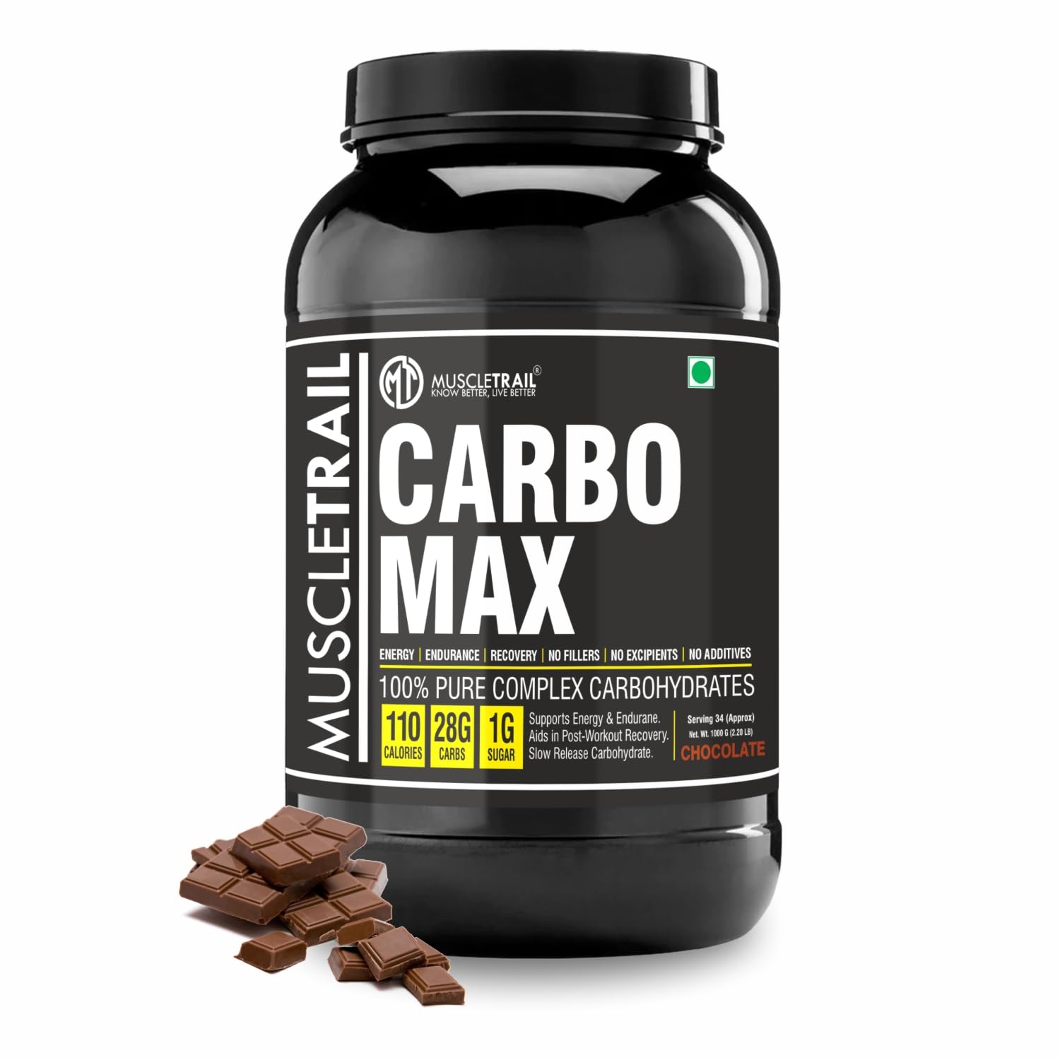 Muscle Trail Carbo Max | 28g Carbs | 1kg (Chocolate) Lean muscle mass | Weight gainer | 110 Calories | 1g Sugar | Complex Carbohydrates for gain | Post Workout Recovery