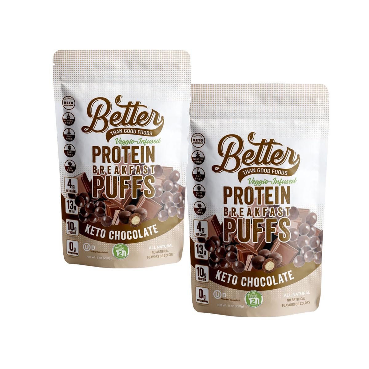 Better Than Good Sweet Keto, Gluten-Free Chocolate Protein Puffs (2.2oz Bag 2-Pack) - Paleo, Low Sugar, Low Calorie, Diabetic Friendly Snacks | 10g Protein & 2 Servings of Fruits & Veggies