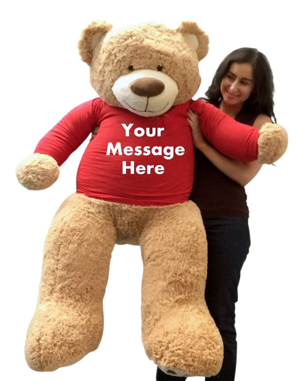 Big Plush 5ft Bear Dressed in Personalized Red Tshirt, Giant 5 Foot Teddy Bear Premium Soft, Customized with Your Message, Unique Impressive Gift for Birthday, Love or Any Event, Hand-Stuffed in USA