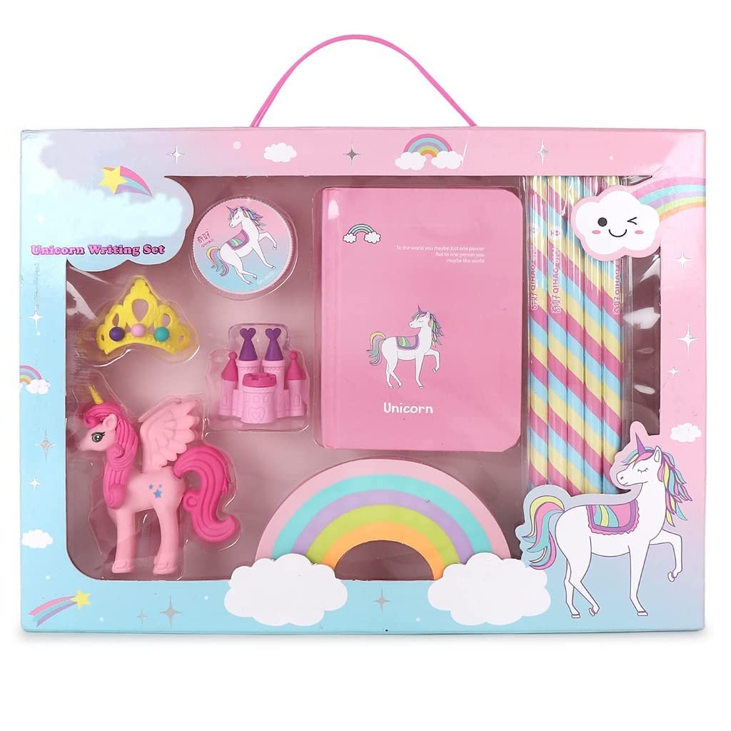 Excefore ENTERPRISE Unicorn Stationery Writing Set - Unicorn Diary, Pencils, Sharpener, Unique Erasers for Girls Ages 4-11 Years Old Birthday Party Return Gift Set for Girls Kids (11 Pcs)