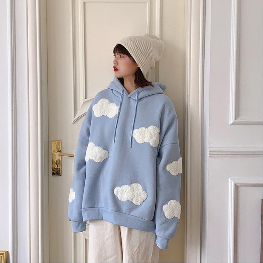 Spring Fashion Cloud Pullover Women Plus Velvet Sweatshirt Women Long-Sleeved Tops Hoodies Blue Sky And White Clouds Design