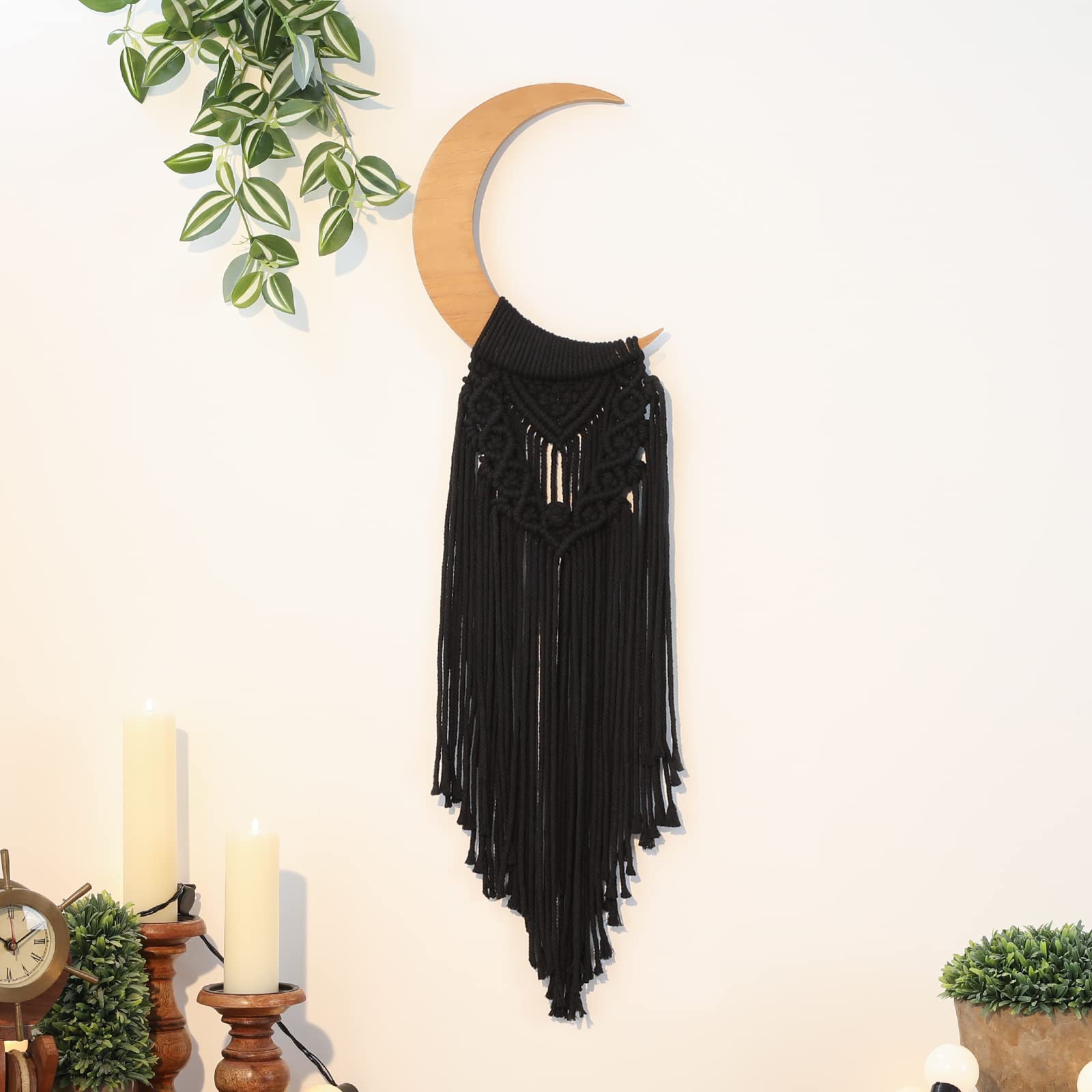 Macrame Moon Boho Wall Hanging, Black Bohemian Wood Crescent Wooden Ornament with Long Tassel, Handmade Unique Moon Phases Wooden Art Home Decor for Bedroom Nursery Living Room