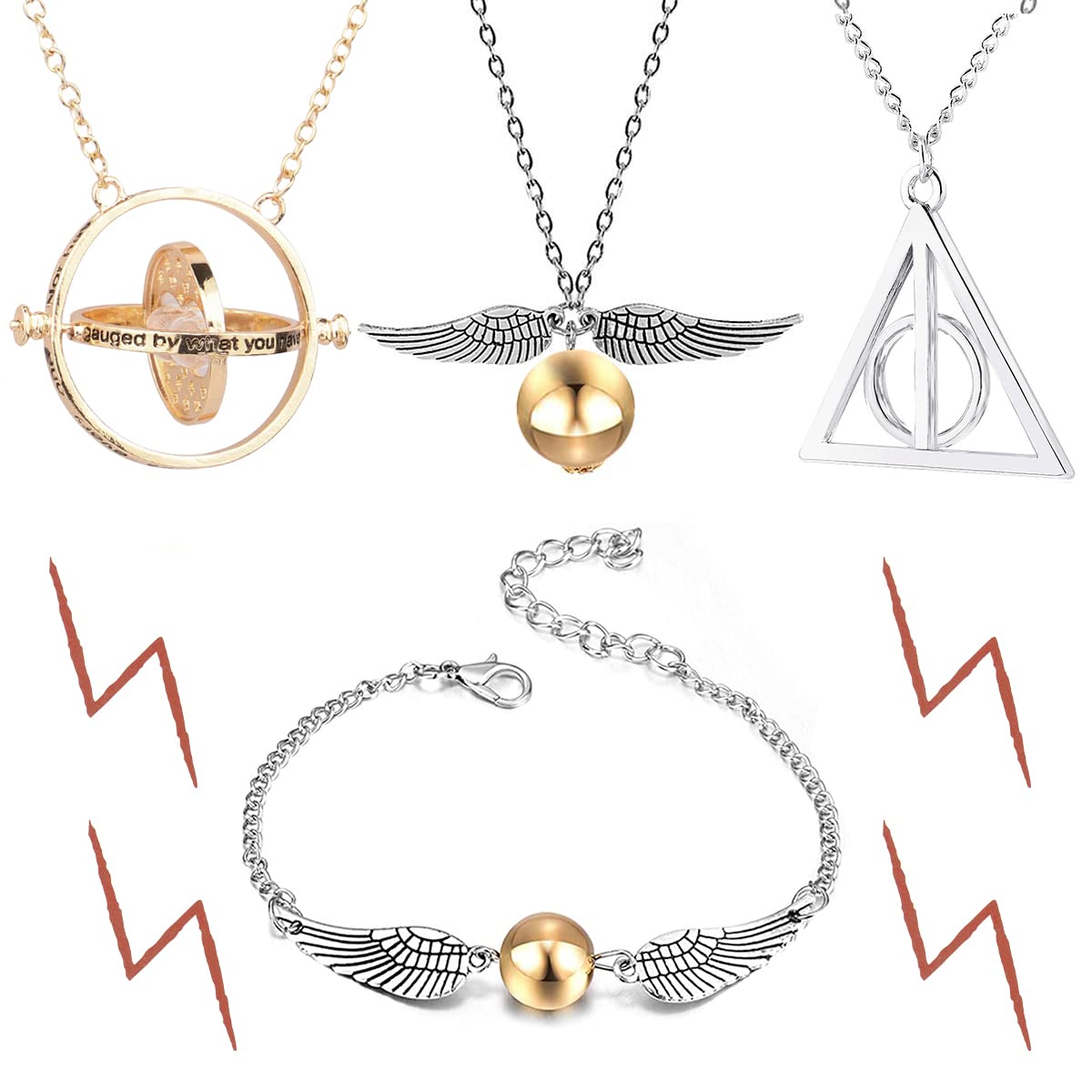 REMEL4 Piece Harry Potter Necklace Bracelet with Wizard Magic Pendant Necklace for Harry Inspired Fans Gifts Collections