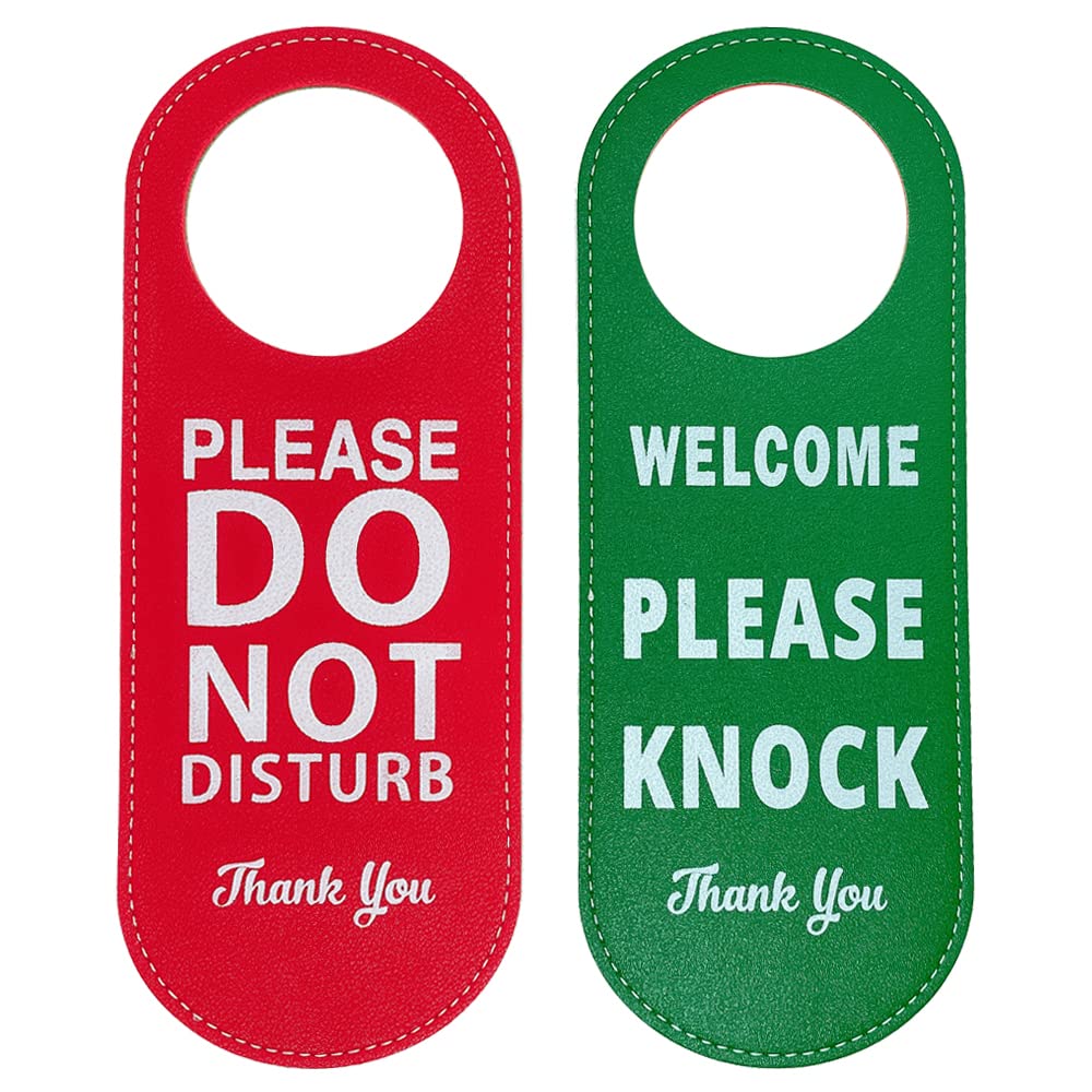 SWIUKPHE Do Not Disturb Door Hanger Sign 1 Pack, Leather Double Sided Welcome Please Knock Sign, Please Do Not Disturb Sign for Office (Red+Green)