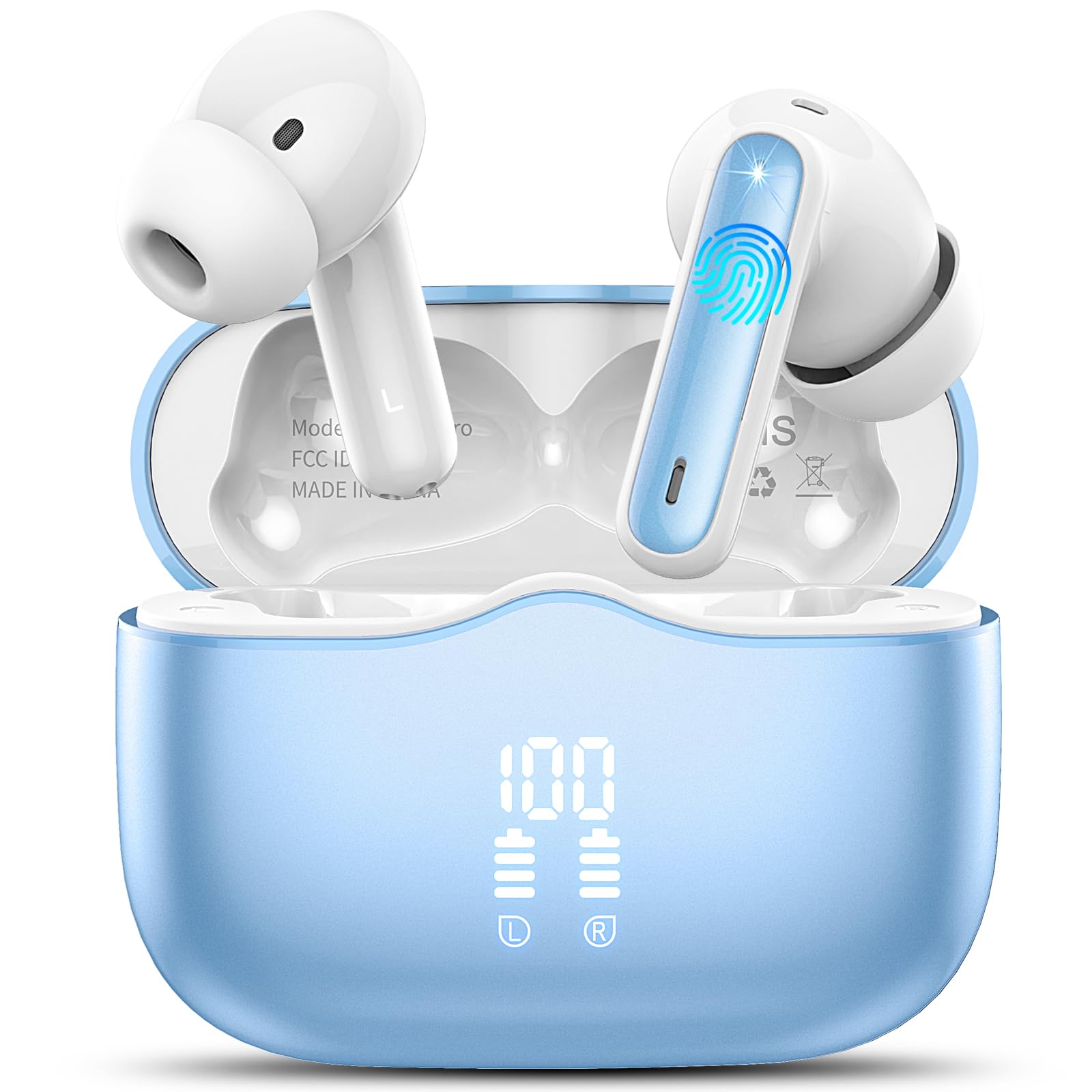 Bluetooth Headphones, Wireless Bluetooth 5.3 In-Ear Headphones with 4 ENC Noise Cancelling Mic, Wireless Headphones Deep Bass Wireless Earbuds 40 Hours, IP7 Waterproof Earphones, Blue Lake