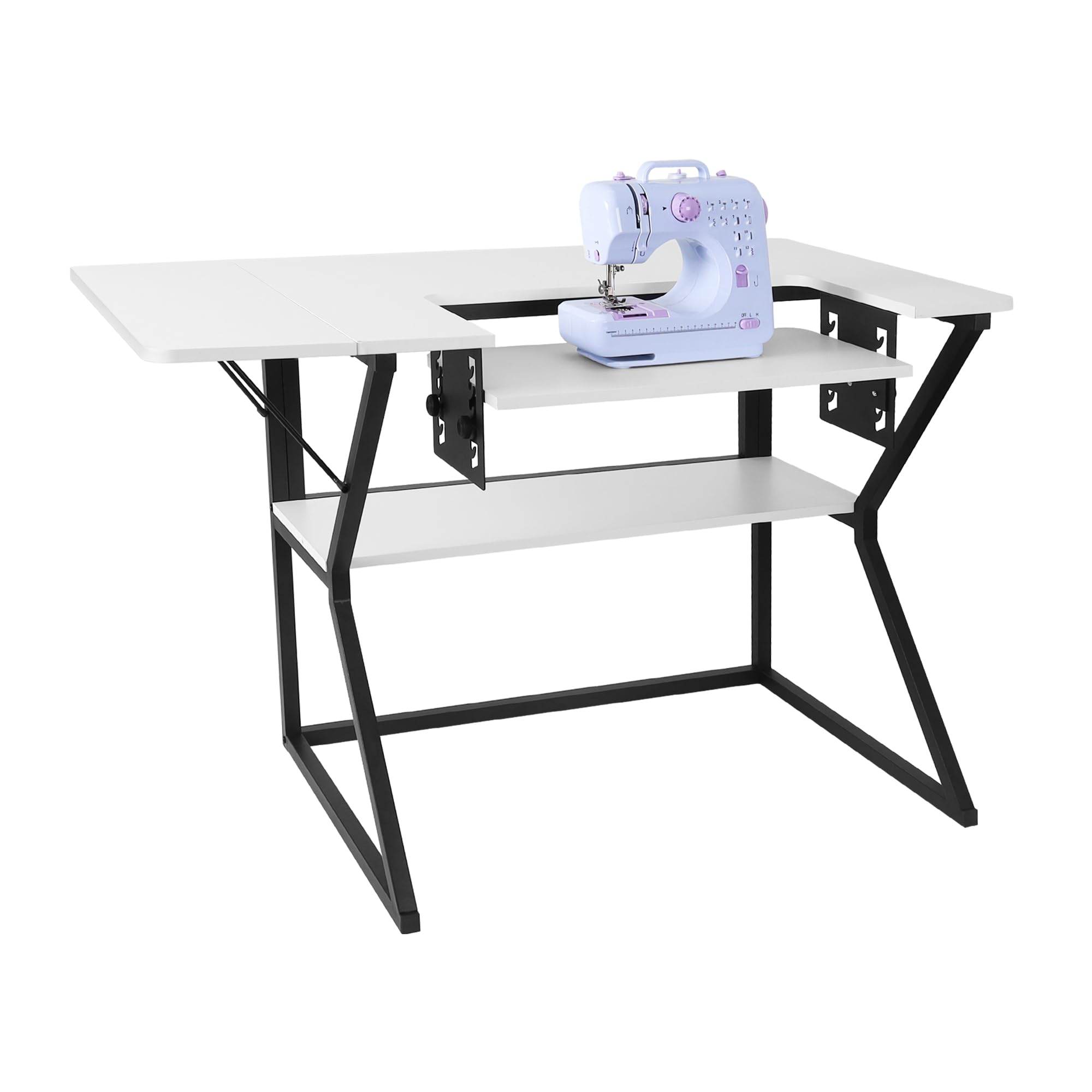 Sewing Table, Large Sewing Machine Table with Adjustable Platform and Storage Shelf - White