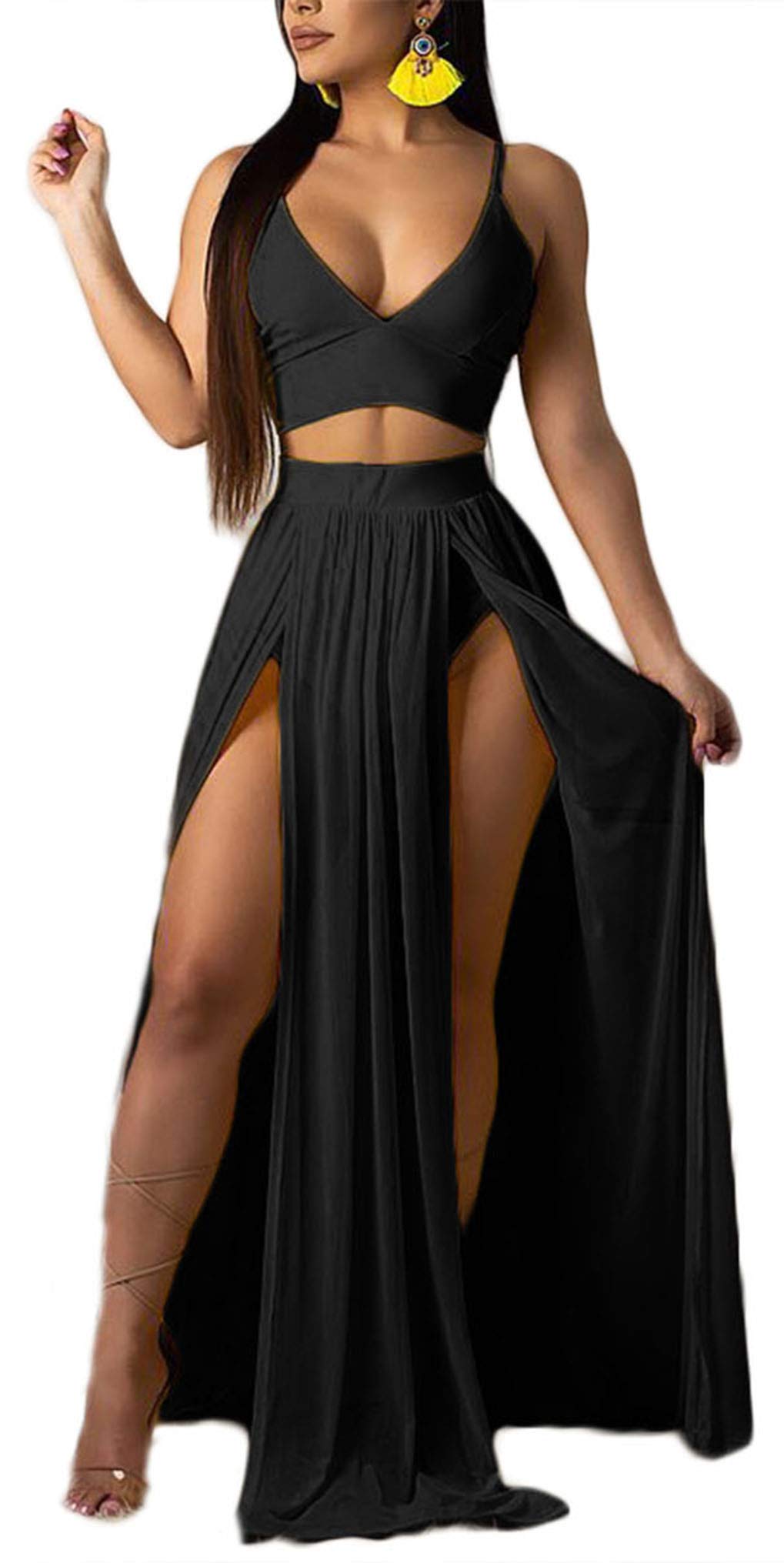 Women Sexy 2 Piece Outfits Dress Chiffon Strap Deep V Neck Bra Crop Top High Split Maxi Dresses Skirt Set