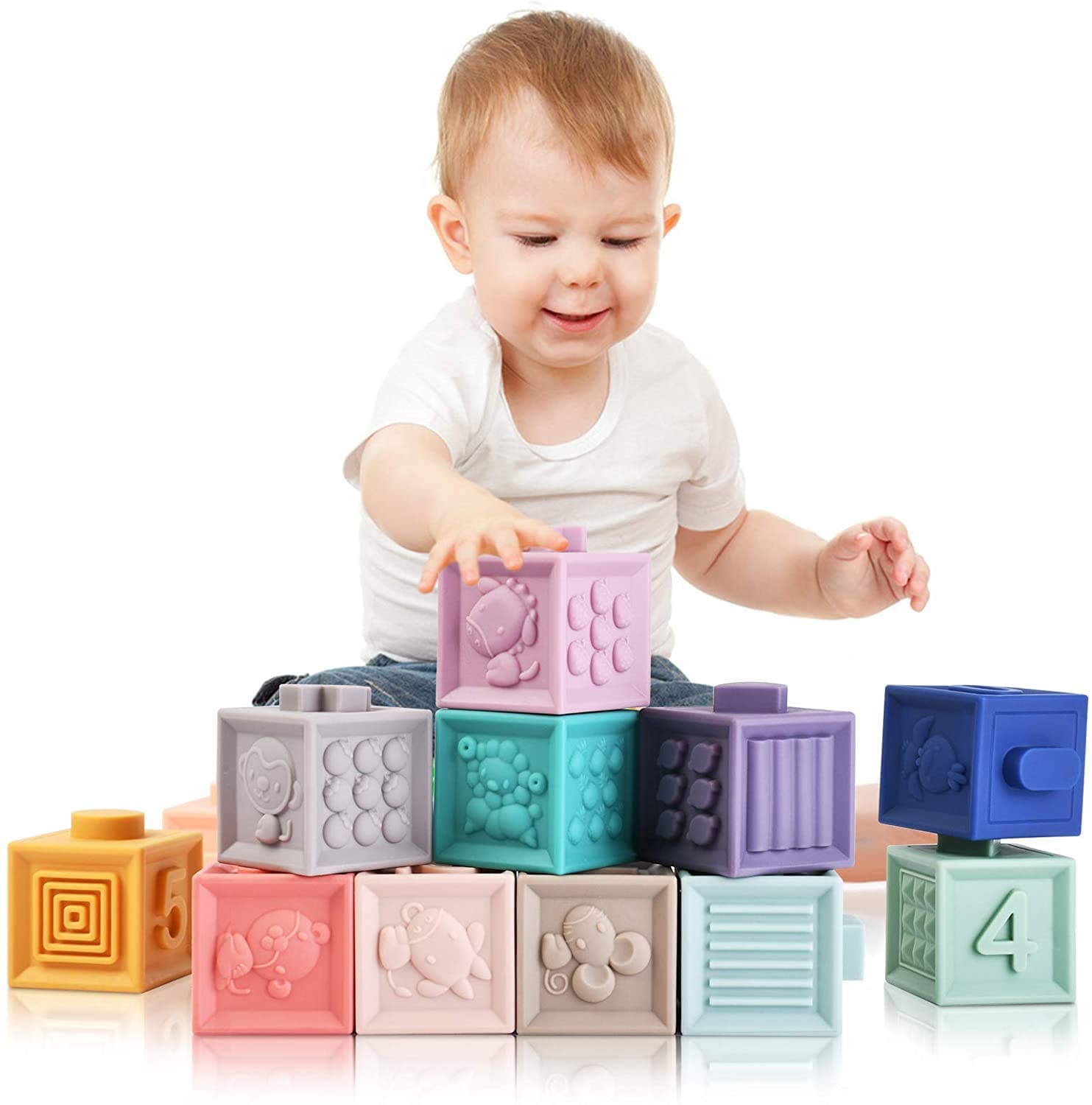 Beauenty Block Soft Building Blocks Toys Teethers Toy Educational Squeeze Play with Numbers Animals Shapes Textures 6 Months and Up 12PCS (Storage Bag) (number)