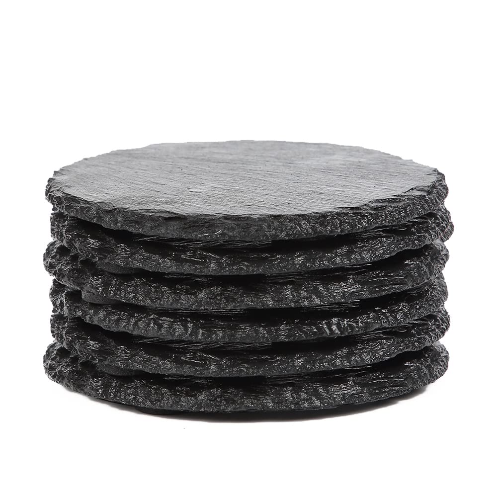 ACKEIVTO Slate Stone Drink Coasters - Set of 6 Round Black Natural Edge Stone Drink Coasters for Bar and Home- 4" x 4"