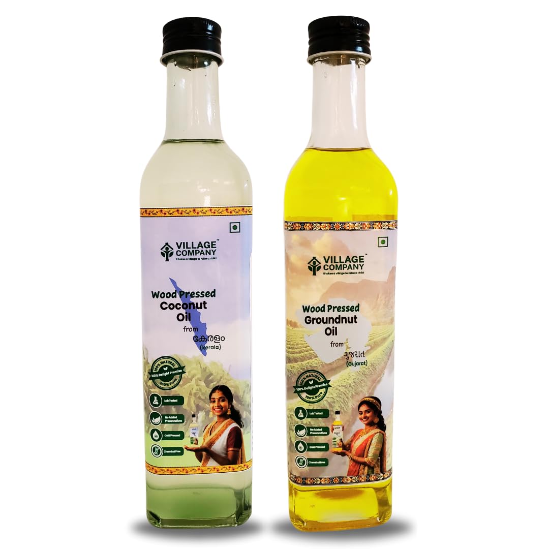 Village Company Combo of Cold Pressed Groundnut Oil and Coconut Oil| Wood Pressed | Glass Bottle (500 ML Each)