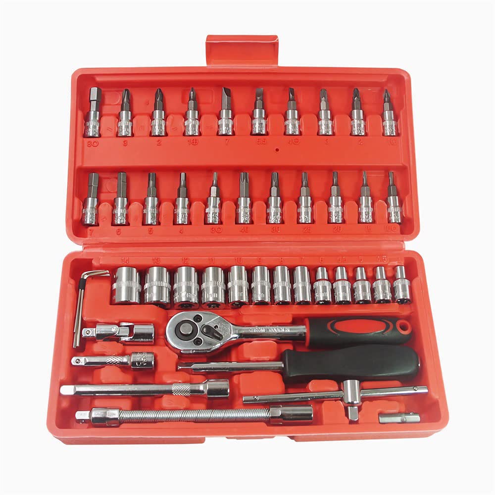 Hyshina 46 Piece Socket Wrench Set, Metric 4-14 mm Ratchet Drive Socket, 1/4 Inch Universal Extension Adapter, Screwdriver Bit Mechanic Tool Kits for Household